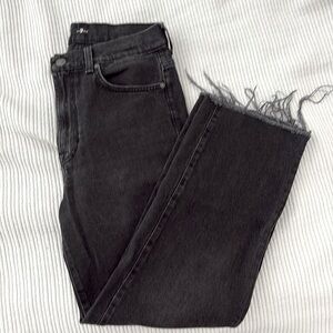 Like new barely worn straight leg raw hem dark grey jean